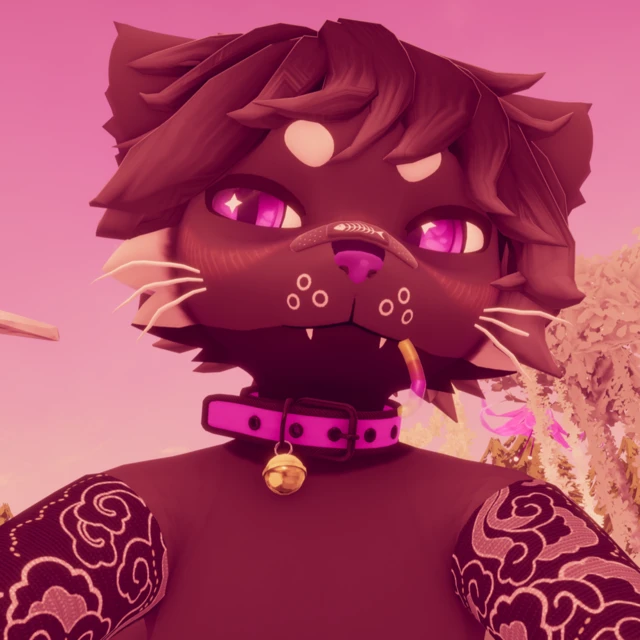 kaiya's avatar: a dark red cat with pink eyes, a pink collar and a gold bell